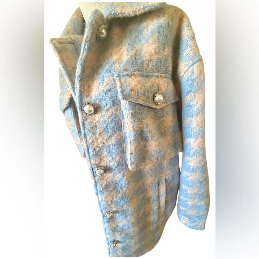 Missguided Blue Pink Houndstooth Shacket Pearl Button Oversized Coat Small View 5